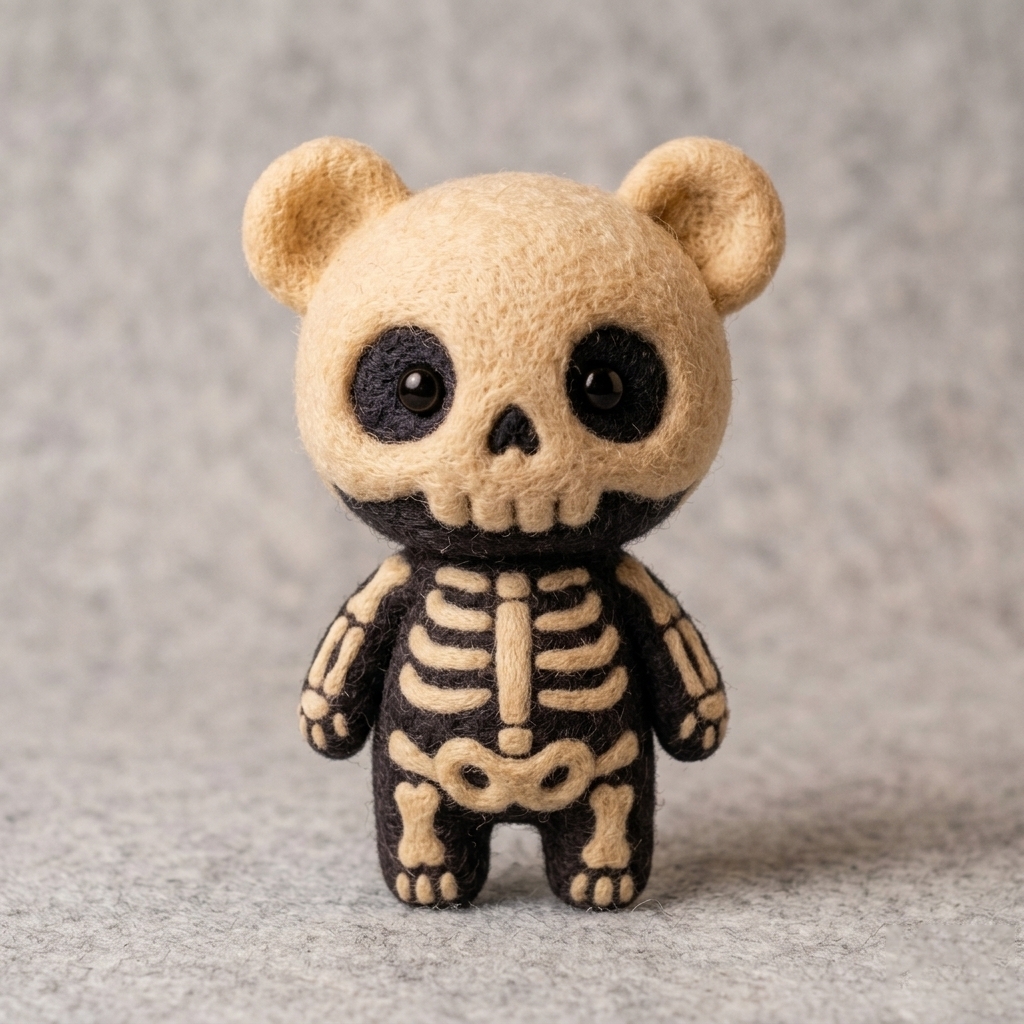 Handmade Wool Felt Skeleton Bear Figurine – Cute Spooky Decor