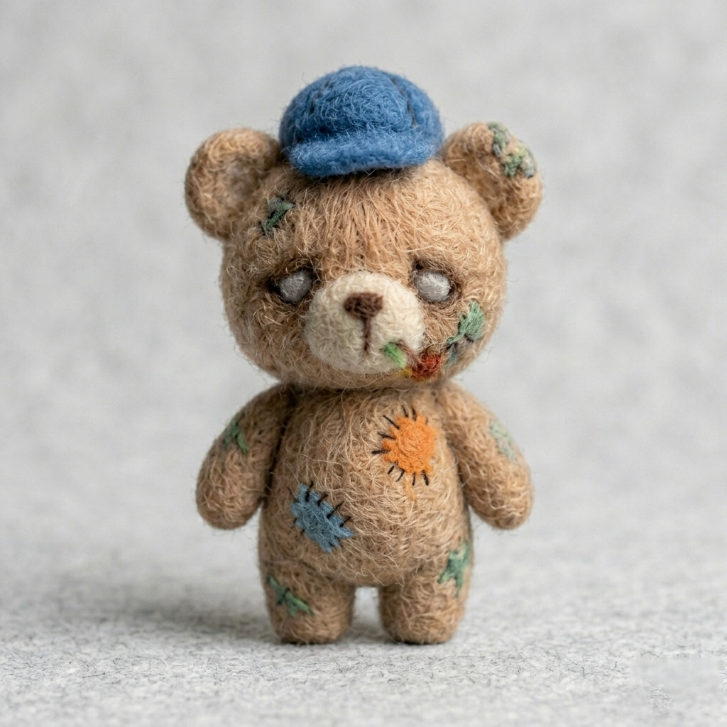 Handmade Wool Felt Stitched Bear Figurine with Cap – Cute Whimsical Decor