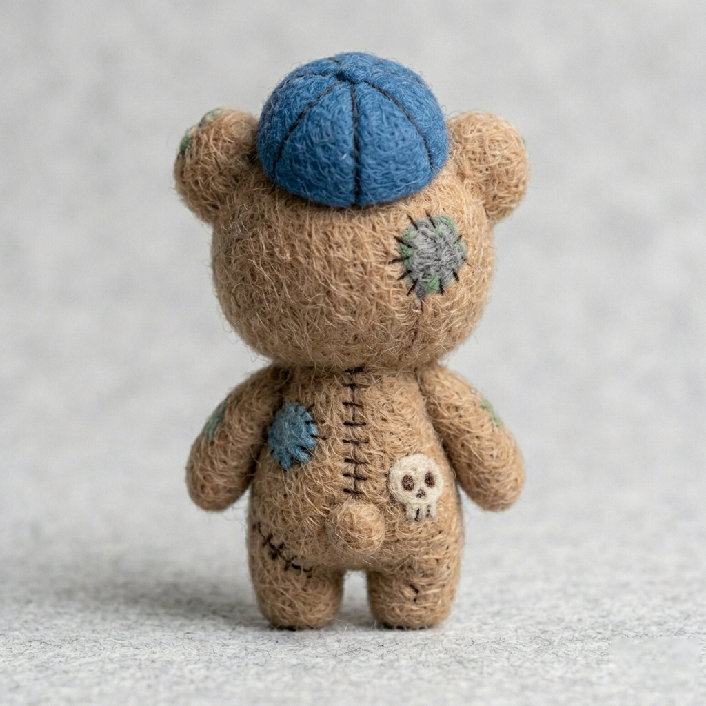 Handmade Wool Felt Stitched Bear Figurine with Cap – Cute Whimsical Decor