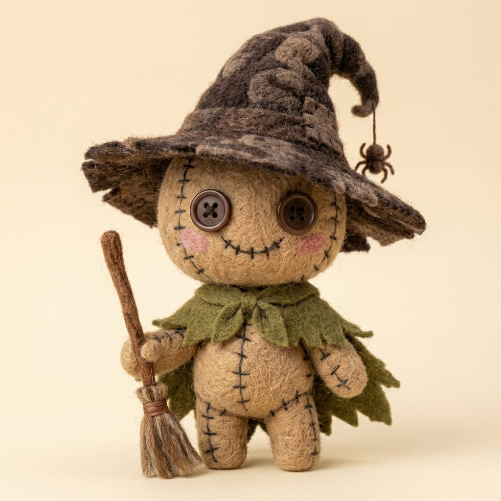 Handmade Wool Felt Witch Voodoo Doll Figurine – Cute Halloween Decor