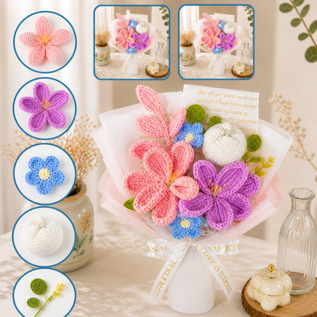Handmade Crochet Pink & Purple Lily Bouquet – Eternal Knit Flower Gift for Her, Birthday, Anniversary & Special Occasions