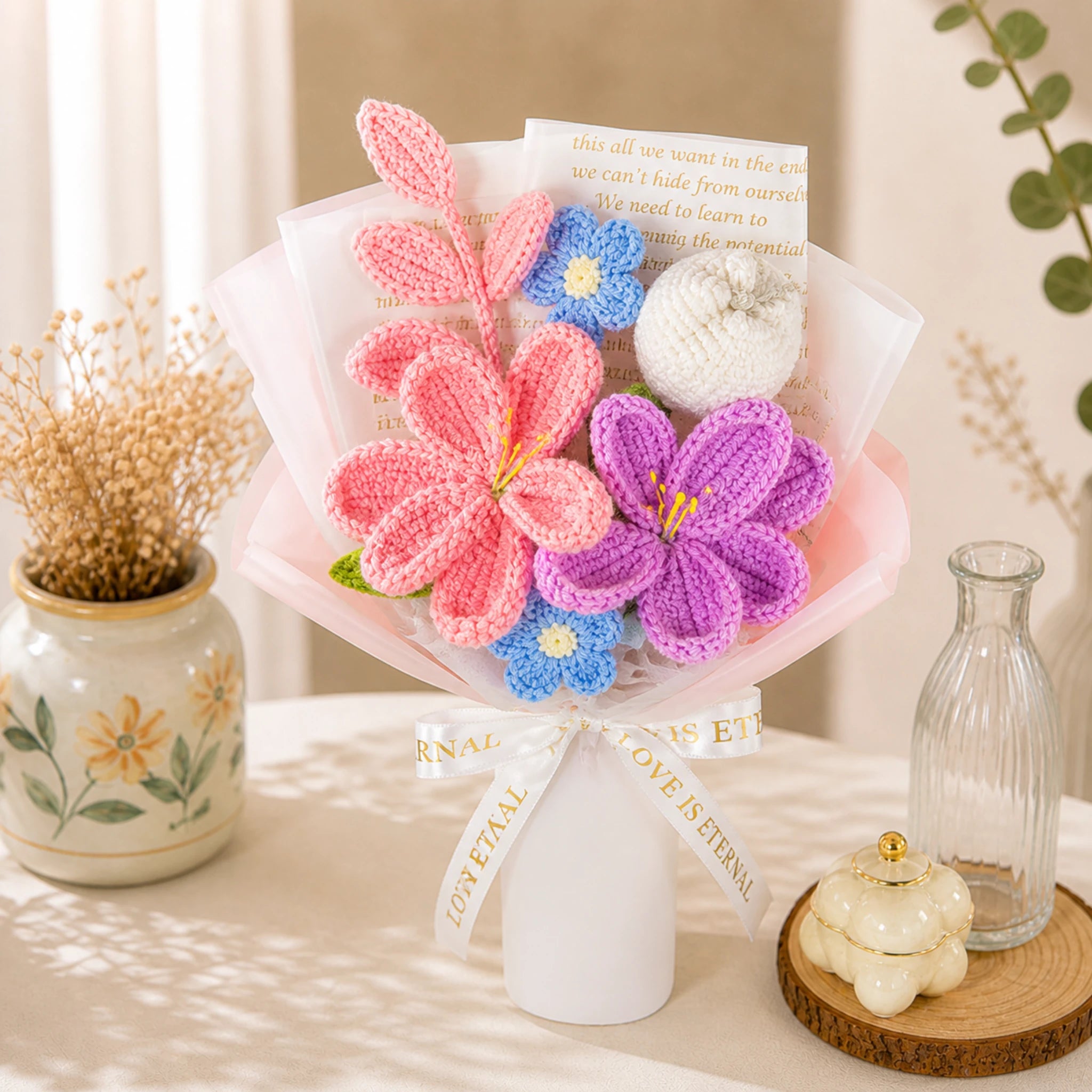 Handmade Crochet Pink & Purple Lily Bouquet – Eternal Knit Flower Gift for Her, Birthday, Anniversary & Special Occasions
