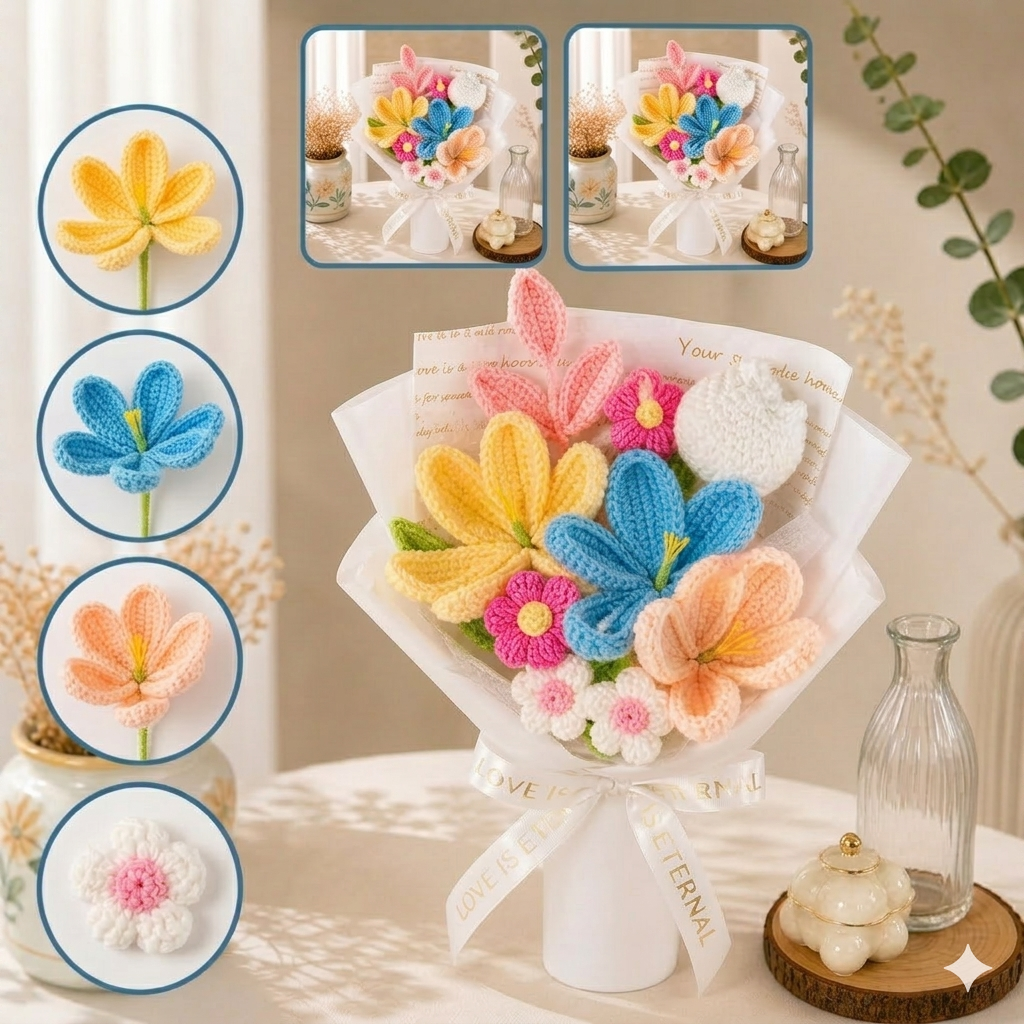 Handmade Colorful Crochet Lily & Spring Daisy Bouquet – Everlasting Knitted Flowers for Birthday, Anniversary & Home Decor