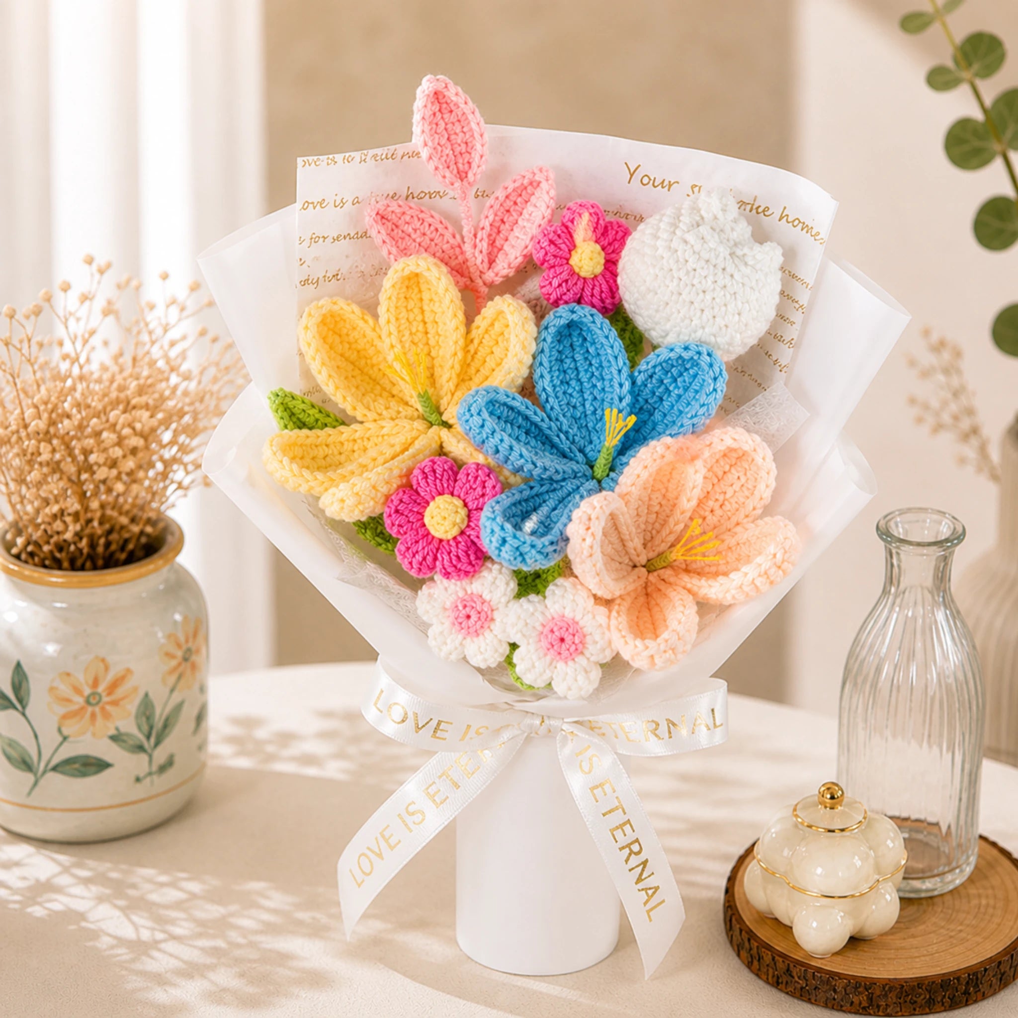 Handmade Colorful Crochet Lily & Spring Daisy Bouquet – Everlasting Knitted Flowers for Birthday, Anniversary & Home Decor