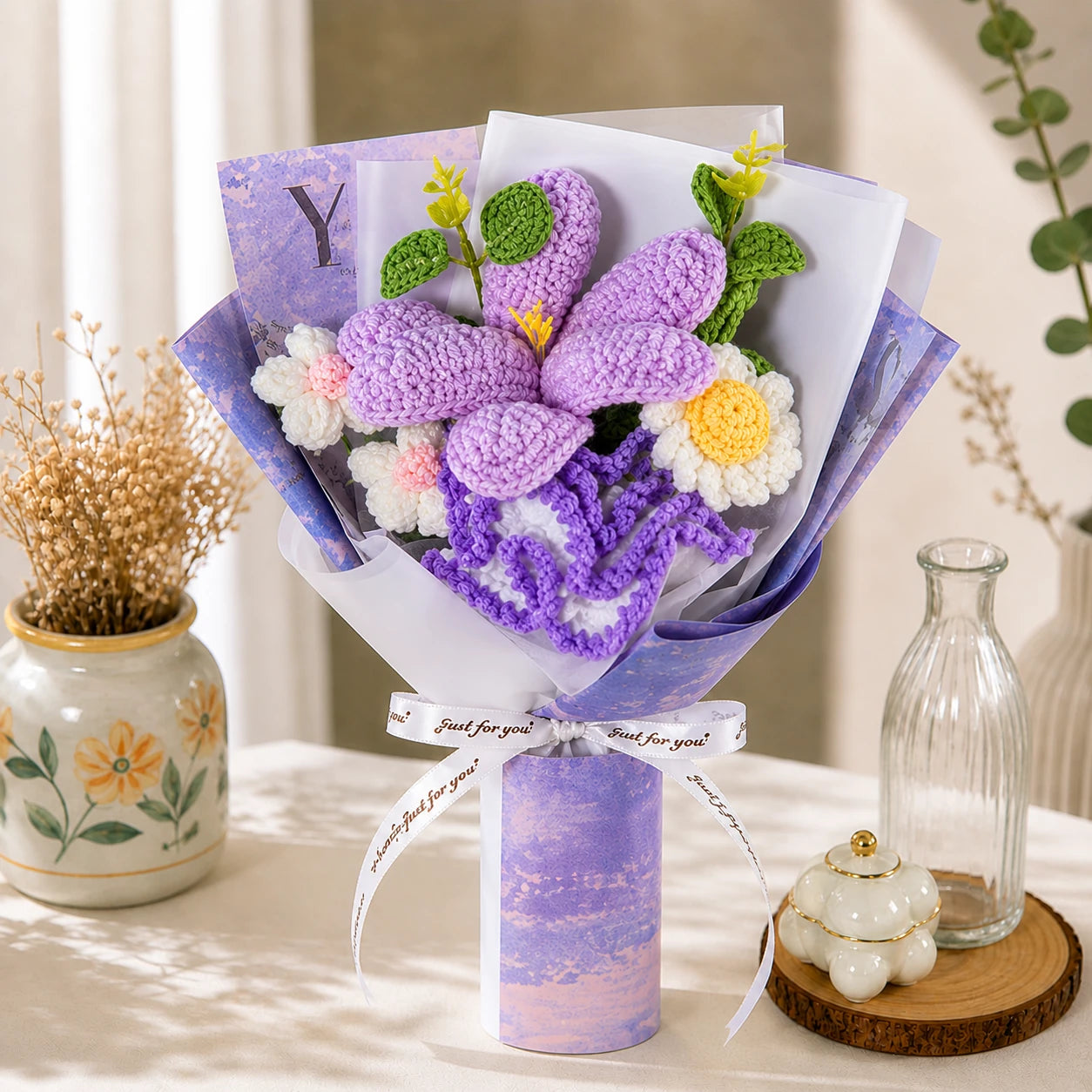 Handmade Crochet Lily & Daisy Bouquet – Purple Knitted Flowers, Forever Flower Gift for Mother’s Day, Birthday, Anniversary, Home Decor
