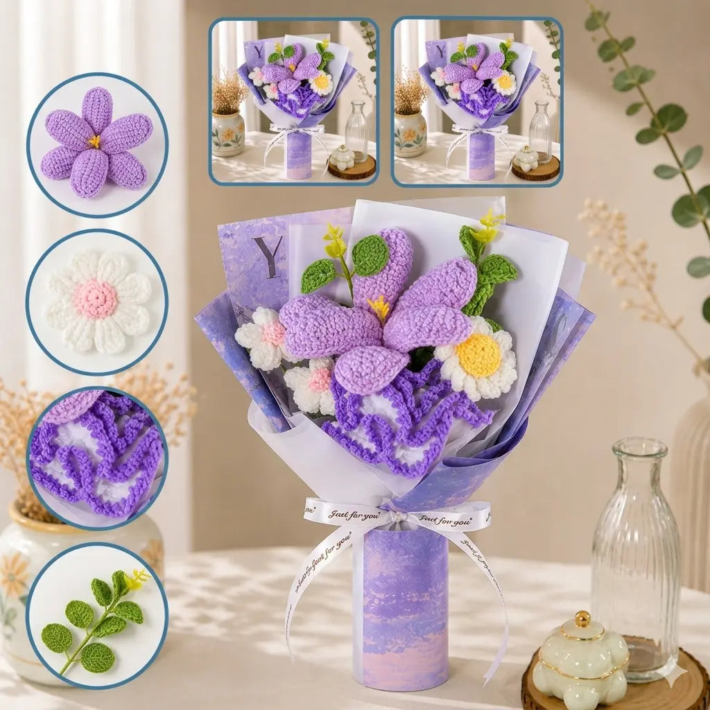 Handmade Crochet Lily & Daisy Bouquet – Purple Knitted Flowers, Forever Flower Gift for Mother’s Day, Birthday, Anniversary, Home Decor