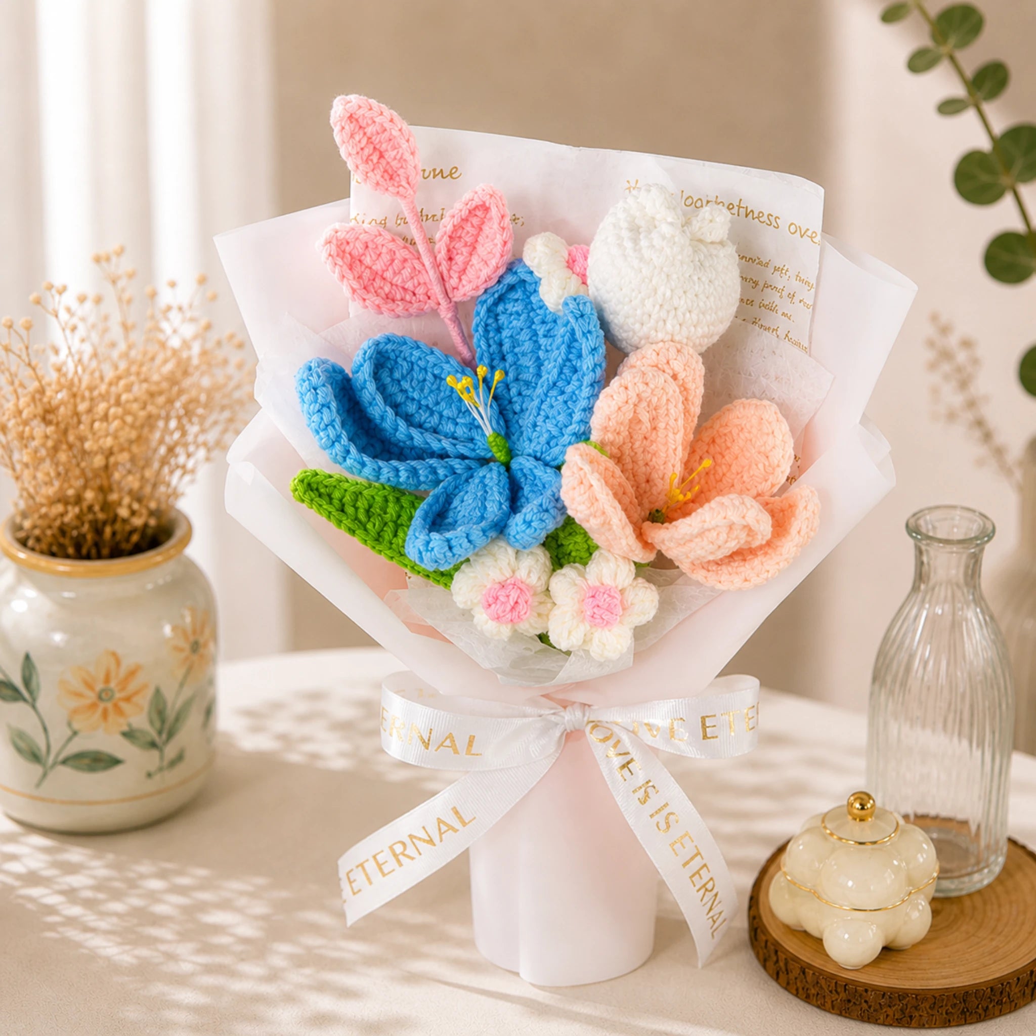 Colorful Crochet Flower Bouquet, Handmade Knit Lily & Daisy Arrangement, Forever Flowers Gift, Mother’s Day Gift, Birthday Gift for Her, Home Decor