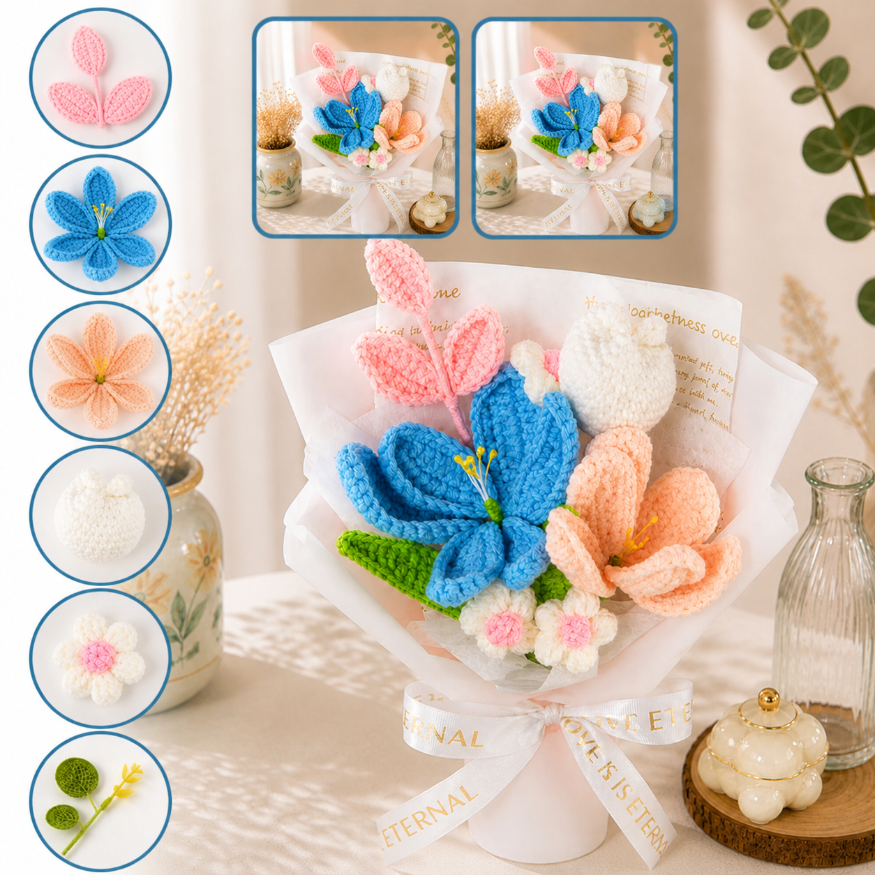 Colorful Crochet Flower Bouquet, Handmade Knit Lily & Daisy Arrangement, Forever Flowers Gift, Mother’s Day Gift, Birthday Gift for Her, Home Decor