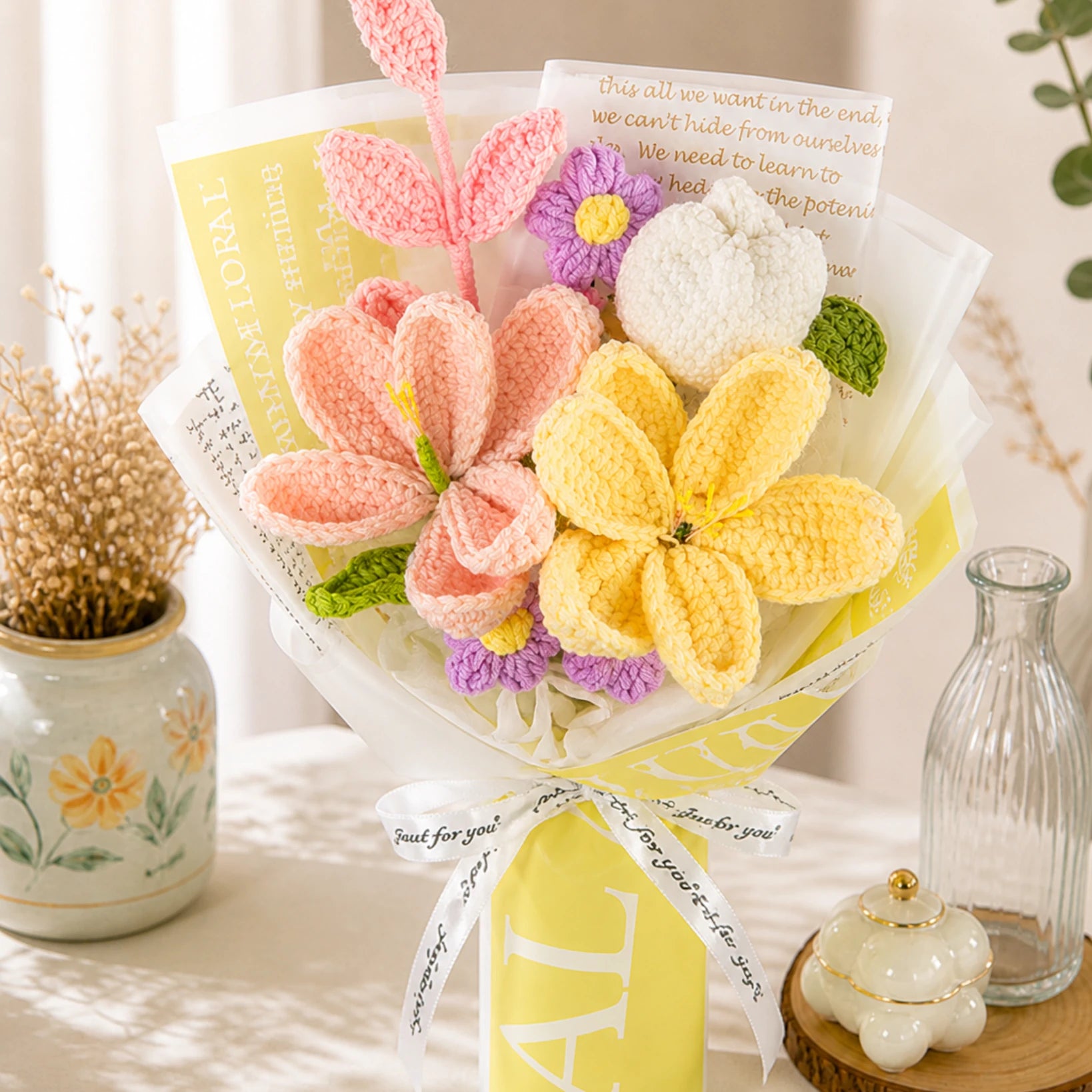 Handmade Crochet Flower Bouquet – Peach & Yellow Lily, Daisy Knitted Flowers, Forever Gift for Mother’s Day, Birthday, Anniversary, Home Decor