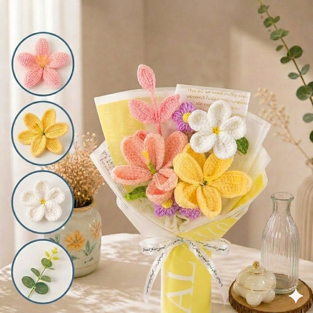 Handmade Crochet Flower Bouquet – Peach & Yellow Lily, Daisy Knitted Flowers, Forever Gift for Mother’s Day, Birthday, Anniversary, Home Decor