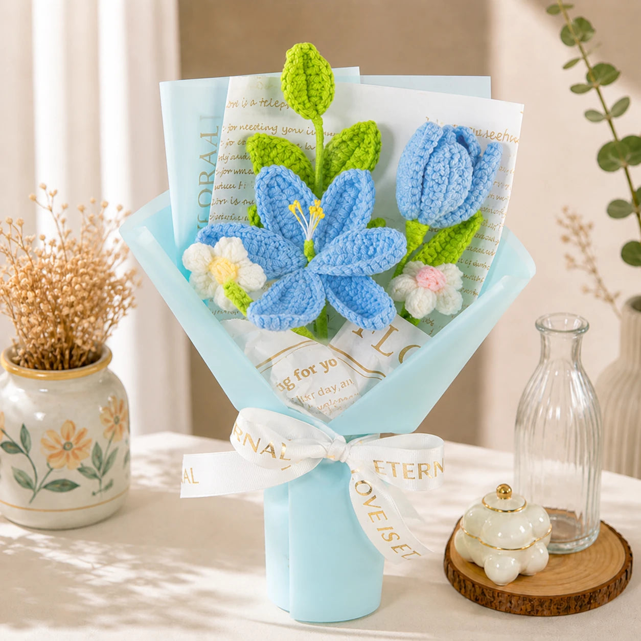 Handmade Crochet Blue Lily Bouquet with Rose – Knitted Flowers, Forever Flower Gift for Mom, Birthday, Anniversary, Cute Home Decor