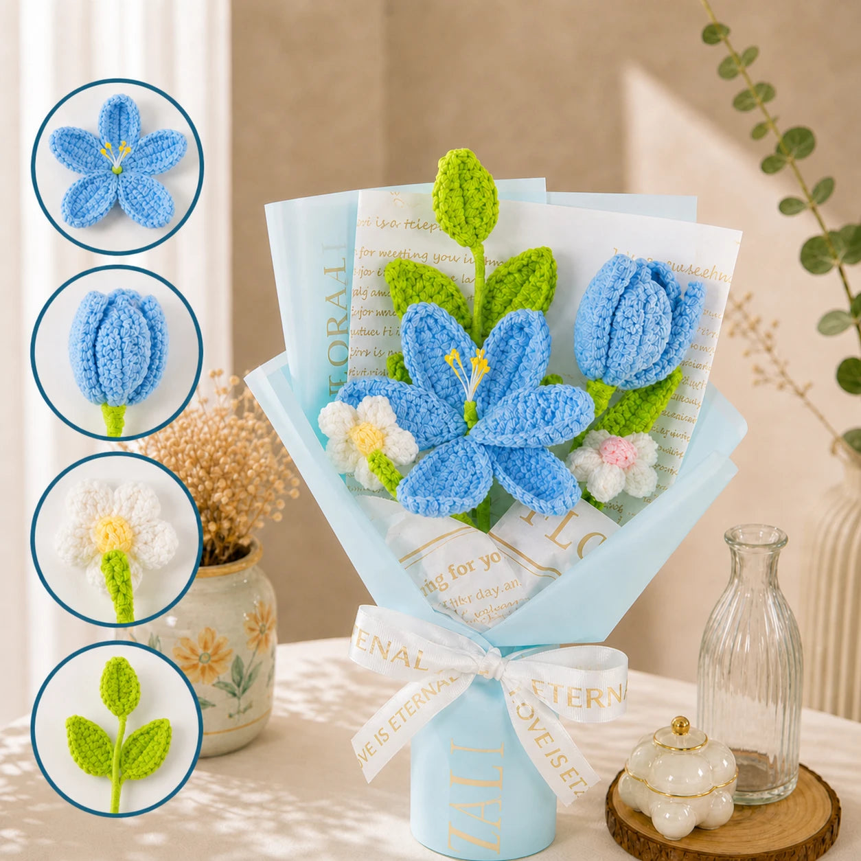 Handmade Crochet Blue Lily Bouquet with Rose – Knitted Flowers, Forever Flower Gift for Mom, Birthday, Anniversary, Cute Home Decor