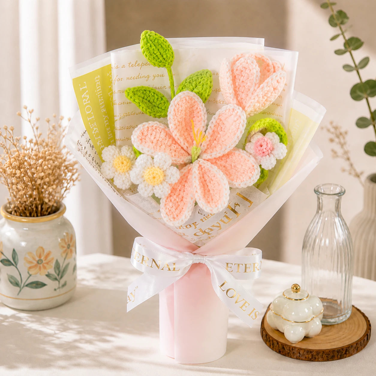 Handmade Crochet Peach Lily & Daisy Bouquet – Knitted Flowers, Forever Flower Gift for Mother’s Day, Birthday, Anniversary, Home Decor