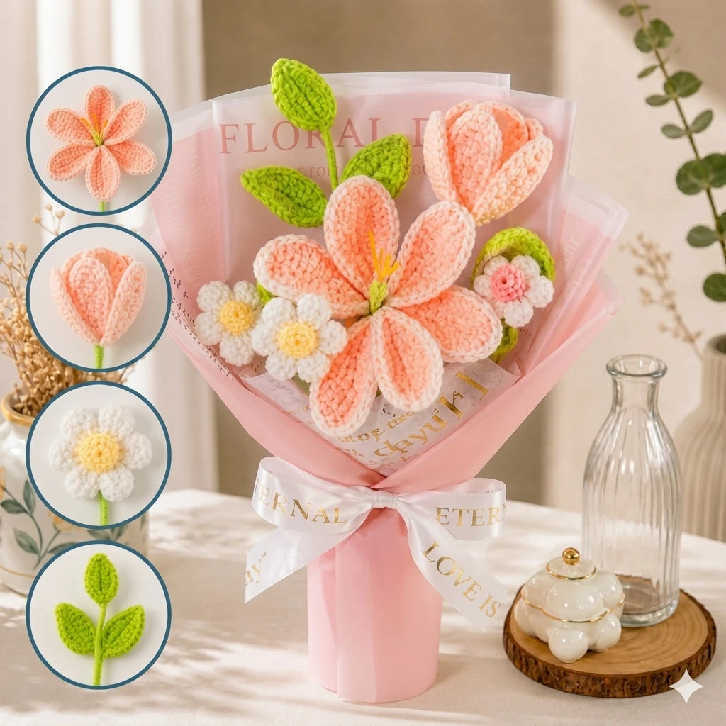 Handmade Crochet Peach Lily & Daisy Bouquet – Knitted Flowers, Forever Flower Gift for Mother’s Day, Birthday, Anniversary, Home Decor