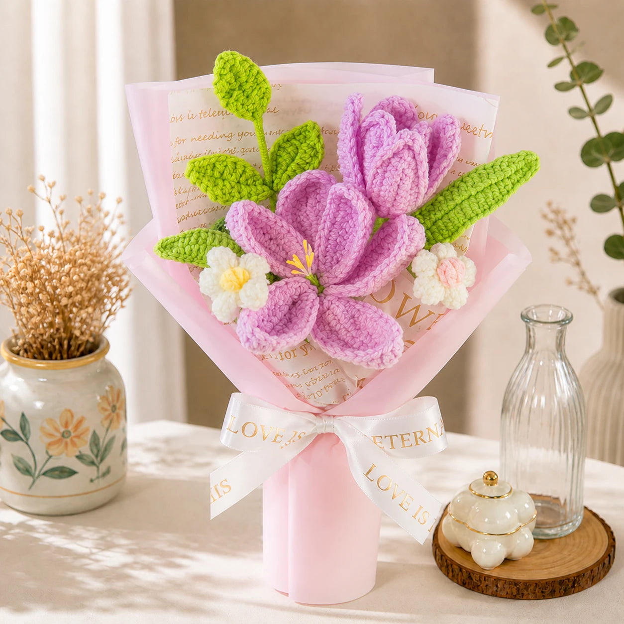 Handmade Crochet Purple Lily & Tulip Bouquet, Forever Knitted Flower Gift for Mother’s Day, Birthday, Home Decor