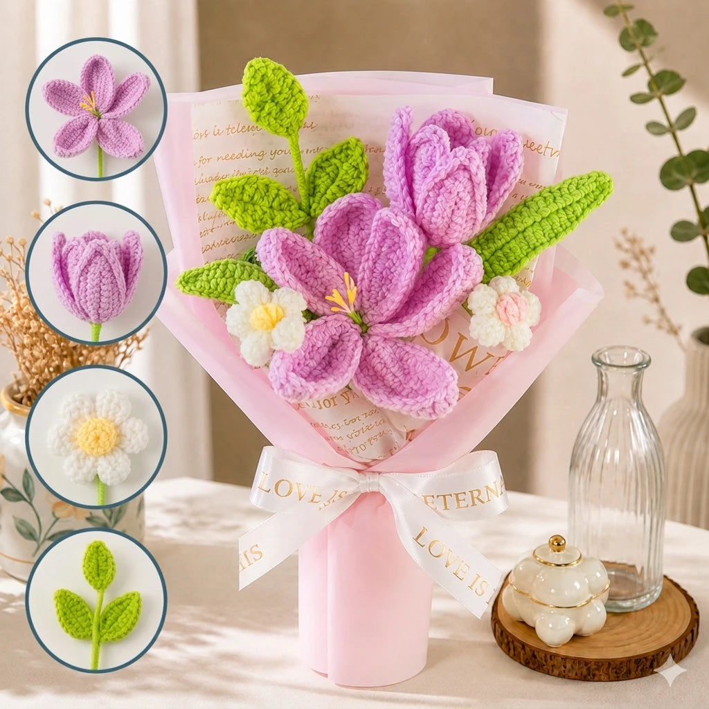 Handmade Crochet Purple Lily & Tulip Bouquet, Forever Knitted Flower Gift for Mother’s Day, Birthday, Home Decor