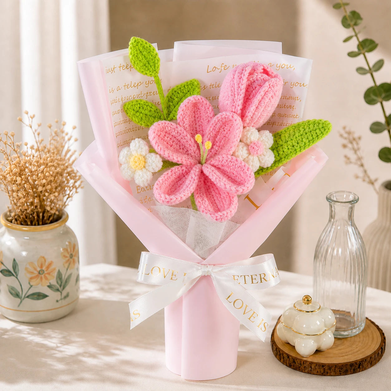 Handmade Crochet Pink Lily & Tulip Bouquet, Everlasting Knitted Flowers, Forever Floral Keepsake, No-Wilt Flower Gift for Mother’s Day, Birthday, Anniversary, Home Decoration