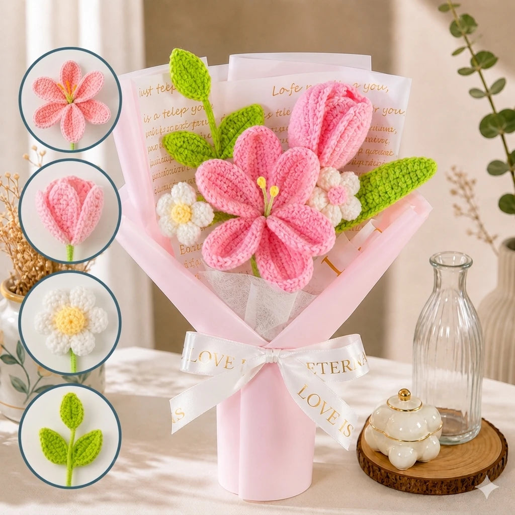 Handmade Crochet Pink Lily & Tulip Bouquet, Everlasting Knitted Flowers, Forever Floral Keepsake, No-Wilt Flower Gift for Mother’s Day, Birthday, Anniversary, Home Decoration