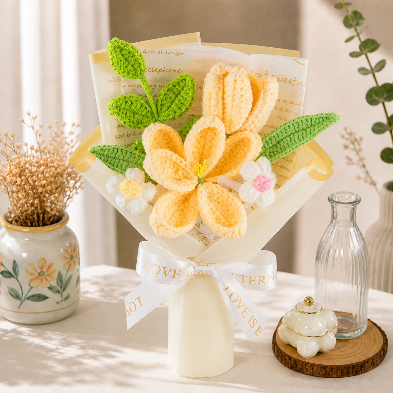 Handmade Crochet Yellow Lily & Tulip Bouquet, Everlasting Knitted Flowers, Forever Floral Keepsake, No-Wilt Flower Gift for Mother’s Day, Birthday, Anniversary, Home Decoration