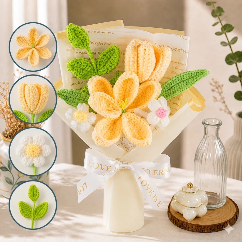 Handmade Crochet Yellow Lily & Tulip Bouquet, Everlasting Knitted Flowers, Forever Floral Keepsake, No-Wilt Flower Gift for Mother’s Day, Birthday, Anniversary, Home Decoration