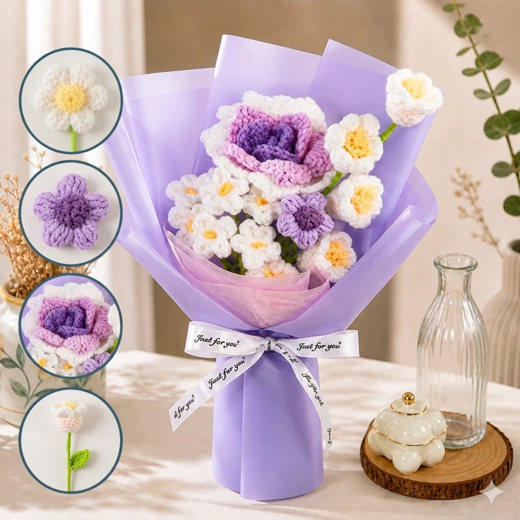 Handmade Crochet Purple Rose & Daisy Bouquet, Everlasting Knitted Flowers, Forever Floral Keepsake, No-Wilt Flower Gift for Mother’s Day, Birthday, Anniversary, Home Decoration