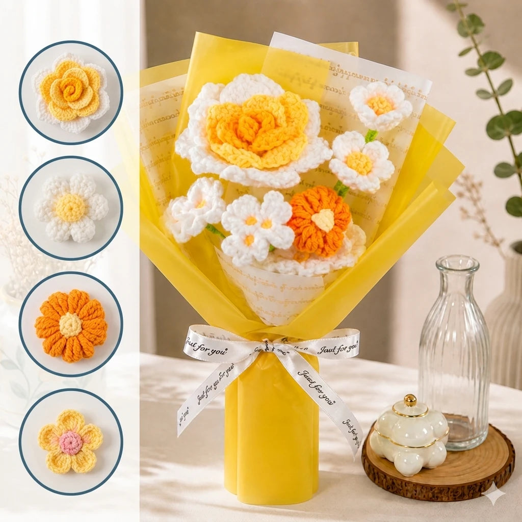 Handmade Crochet Yellow Rose & Daisy Bouquet, Forever Knitted Flower Gift for Mother’s Day, Birthday, Home Decor
