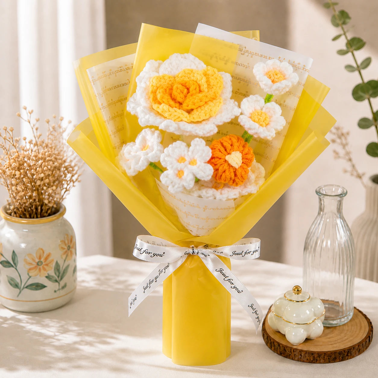 Handmade Crochet Yellow Rose & Daisy Bouquet, Forever Knitted Flower Gift for Mother’s Day, Birthday, Home Decor