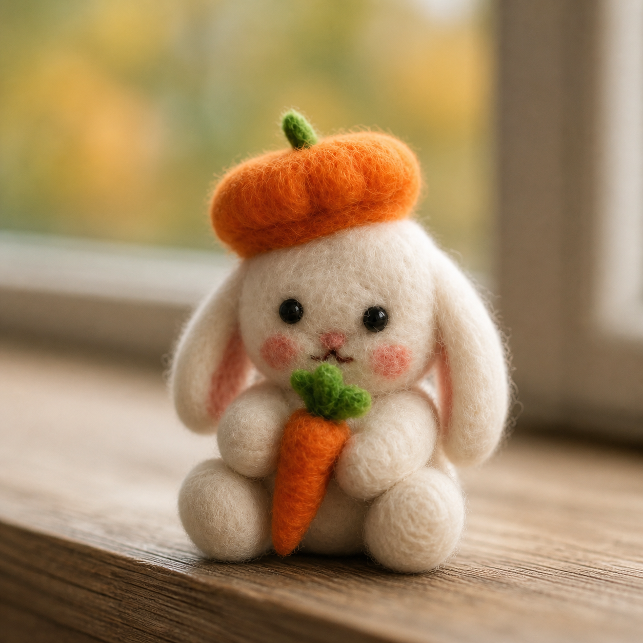 Handmade Wool Felt Bunny with Carrot Hat Figurine – Cute Whimsical Decor