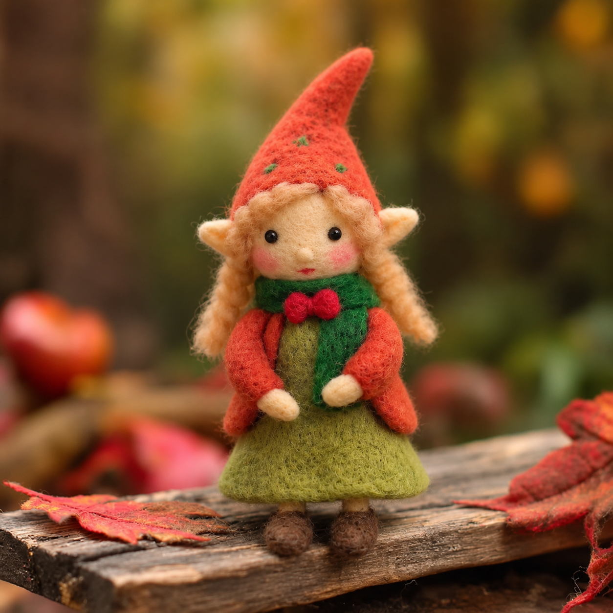 Handmade Wool Felt Autumn Elf Girl Figurine – Cute Whimsical Decor