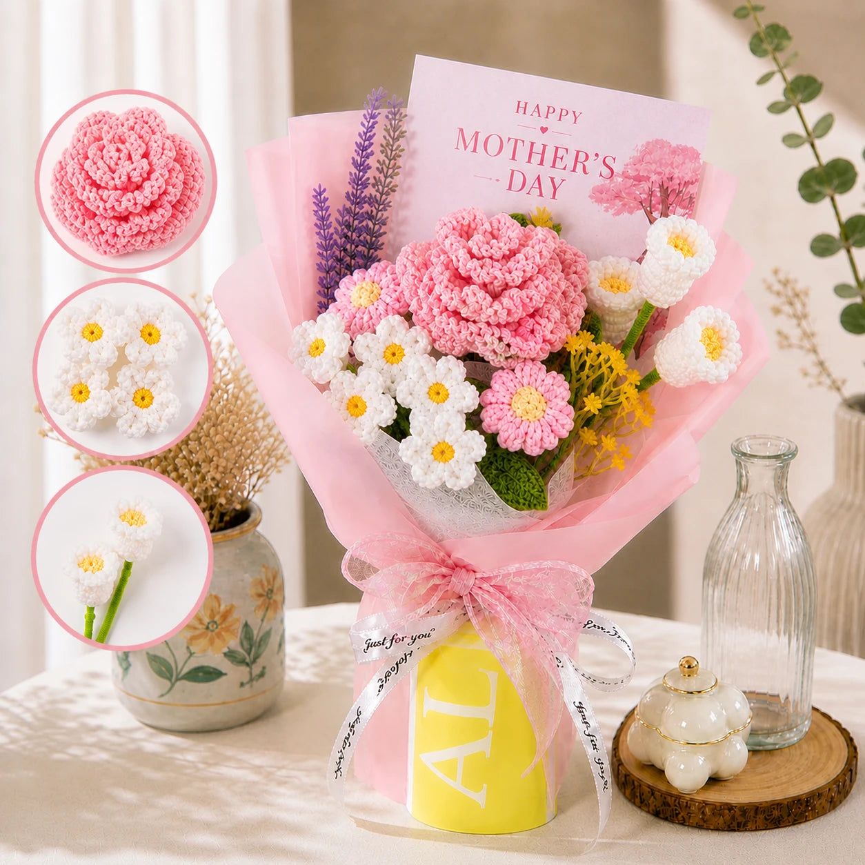 Handmade Crochet Pink Carnation & Daisy Bouquet, Forever Knitted Flower Gift for Mother’s Day, Home Decor