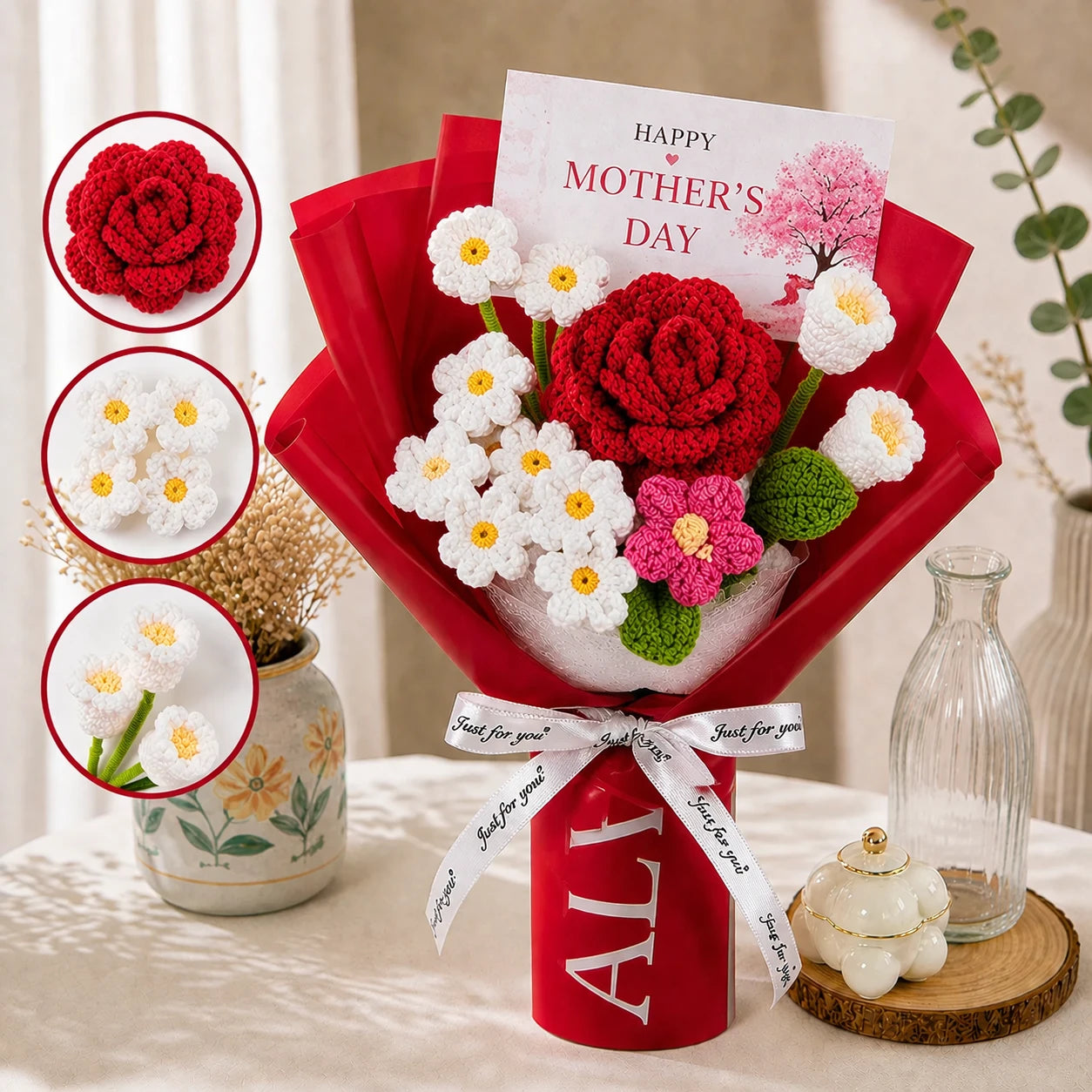 Handmade Crochet Red Rose & Daisy Bouquet, Forever Knitted Flower Gift for Mother’s Day, Home Decor