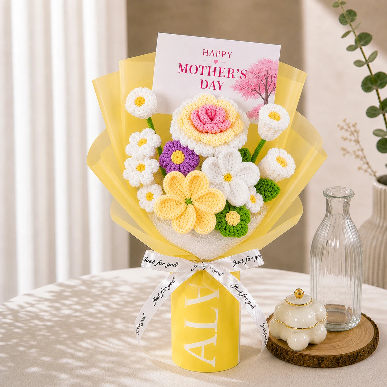Handmade Crochet Mixed Flower Bouquet, Forever Knitted Flower Gift for Mother’s Day, Home Decor
