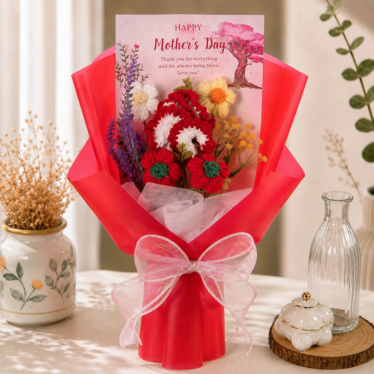 Handmade Crochet Red Carnation & Daisy Bouquet, Forever Knitted Flower Gift for Mother’s Day, Home Decor