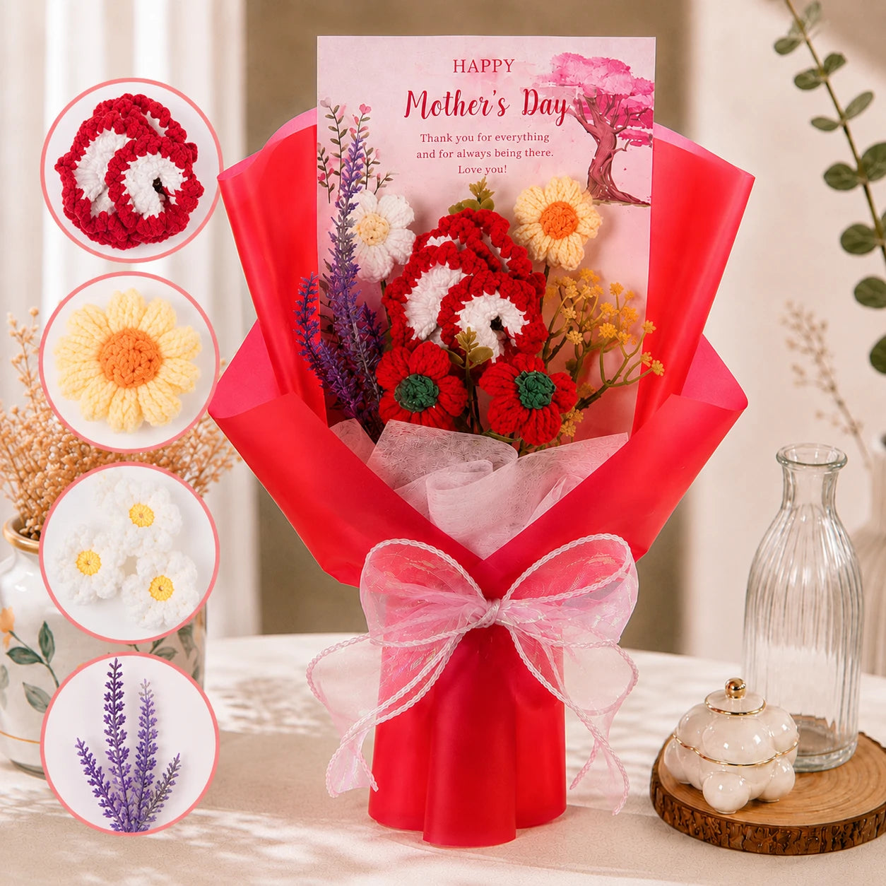 Handmade Crochet Red Carnation & Daisy Bouquet, Forever Knitted Flower Gift for Mother’s Day, Home Decor