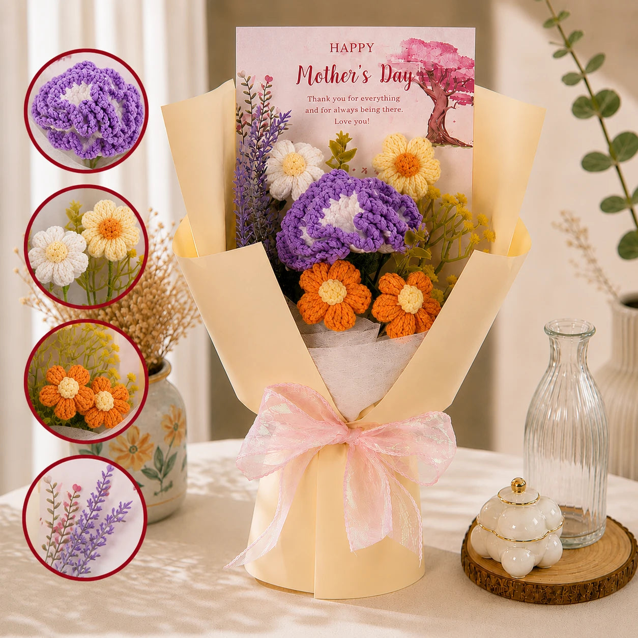 Handmade Crochet Purple Carnation & Daisy Bouquet, Forever Knitted Flower Gift for Mother’s Day, Home Decor