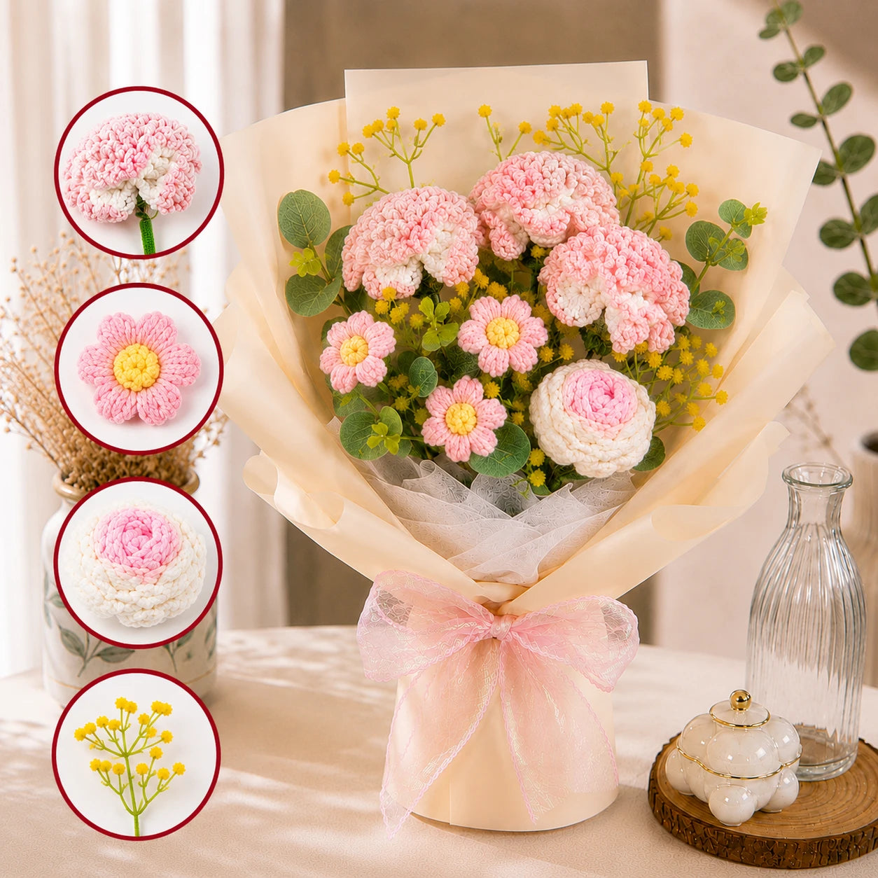 Handmade Crochet Pink Carnation & Rose Bouquet, Forever Knitted Flower Gift for Mother’s Day, Home Decor