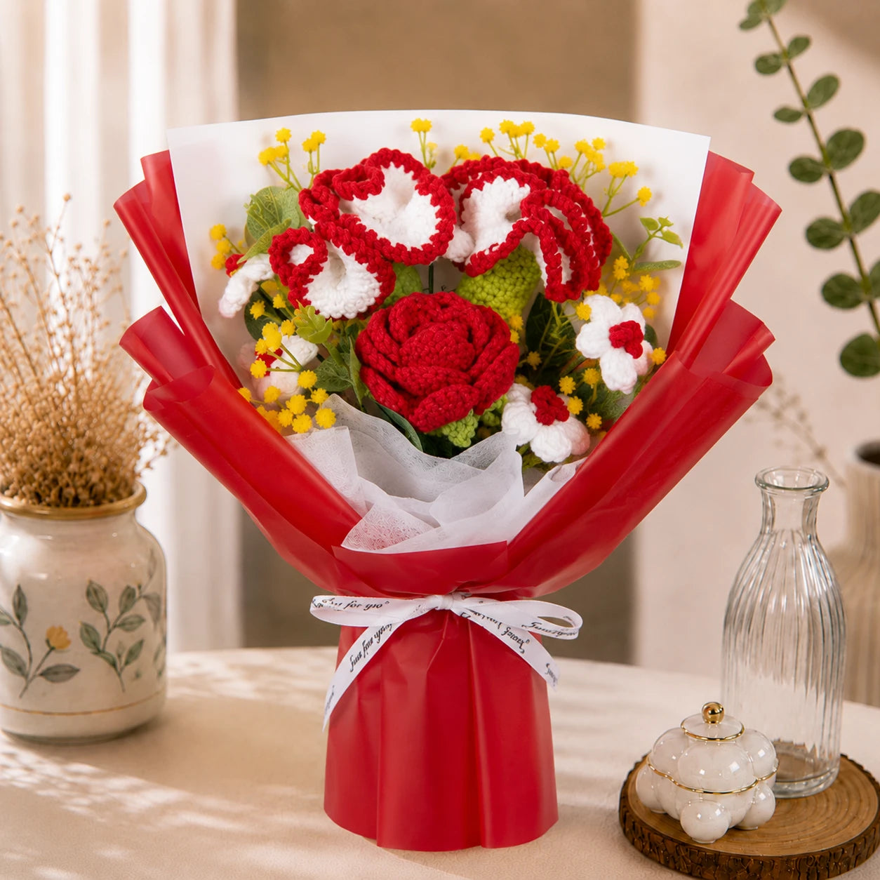 Handmade Crochet Red Carnation & Rose Bouquet, Forever Knitted Flower Gift for Mother’s Day, Home Decor
