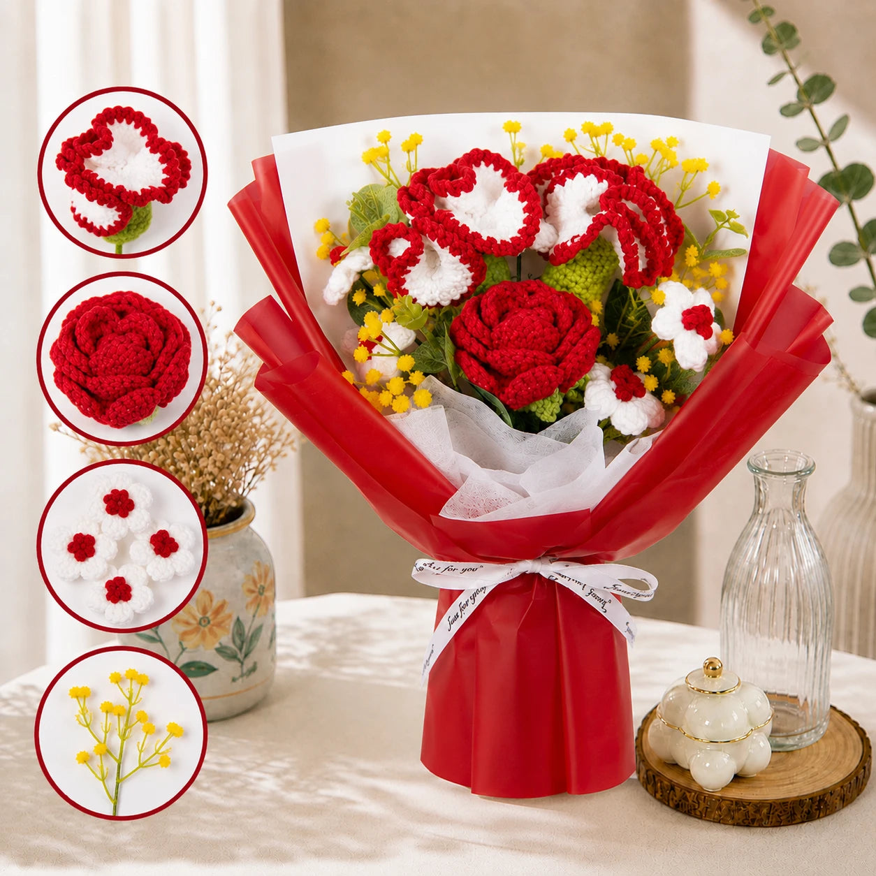 Handmade Crochet Red Carnation & Rose Bouquet, Forever Knitted Flower Gift for Mother’s Day, Home Decor