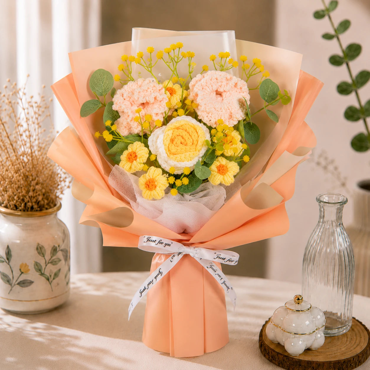 Handmade Crochet Peach Carnation & Yellow Rose Bouquet, Forever Knitted Flower Gift for Mother’s Day, Home Decor