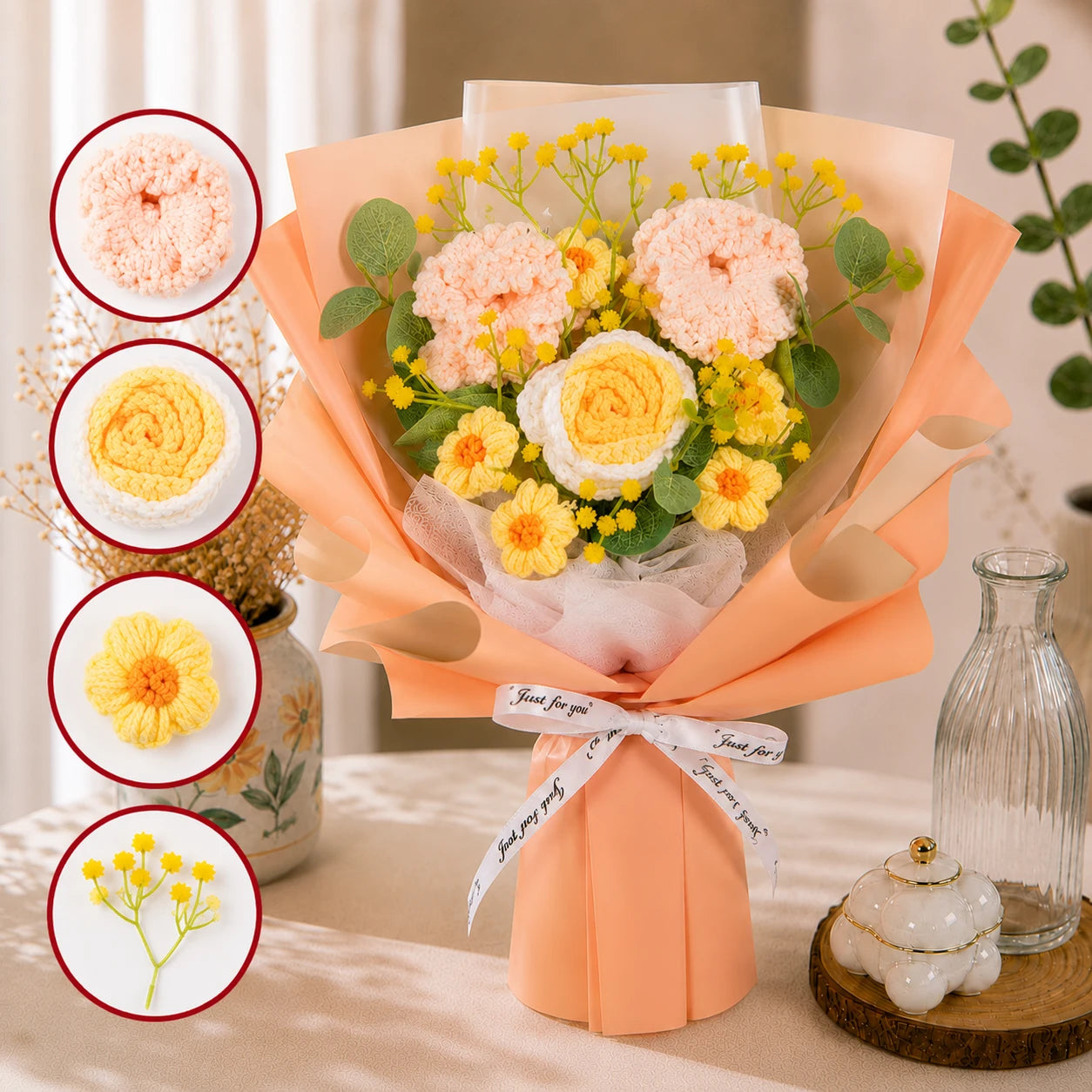 Handmade Crochet Peach Carnation & Yellow Rose Bouquet, Forever Knitted Flower Gift for Mother’s Day, Home Decor