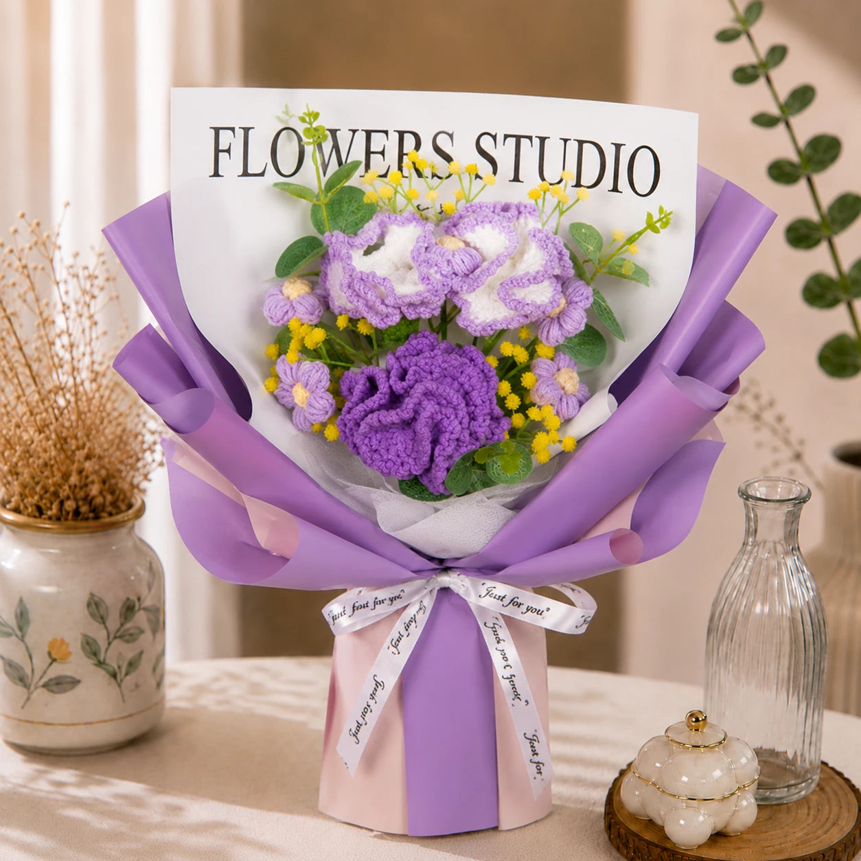 Handmade Crochet Purple Carnation Mixed Bouquet, Forever Knitted Flower Gift for Mother’s Day, Home Decor
