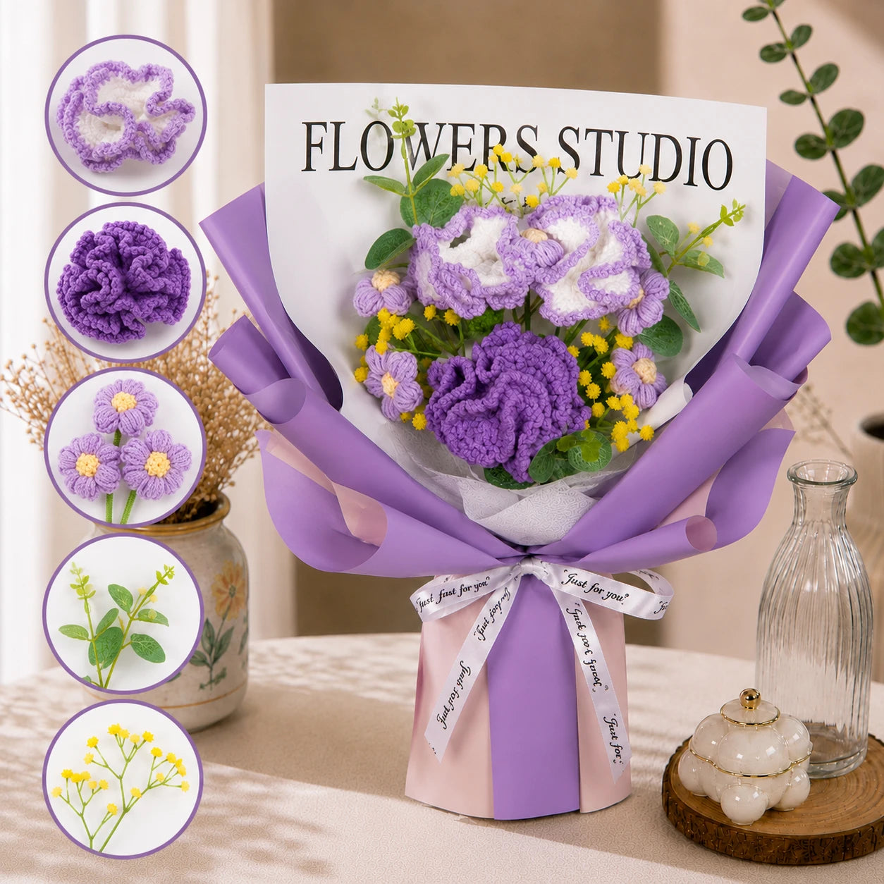 Handmade Crochet Purple Carnation Mixed Bouquet, Forever Knitted Flower Gift for Mother’s Day, Home Decor