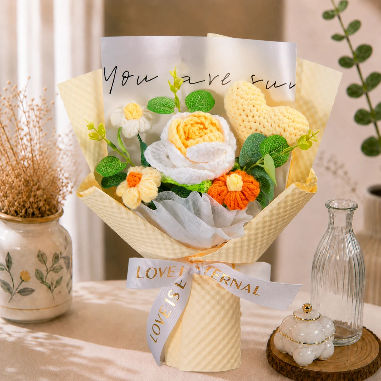 Handmade Crochet White-Yellow Rose & Daisy Bouquet, Forever Knitted Flower Gift for All Occasions, Home Decor