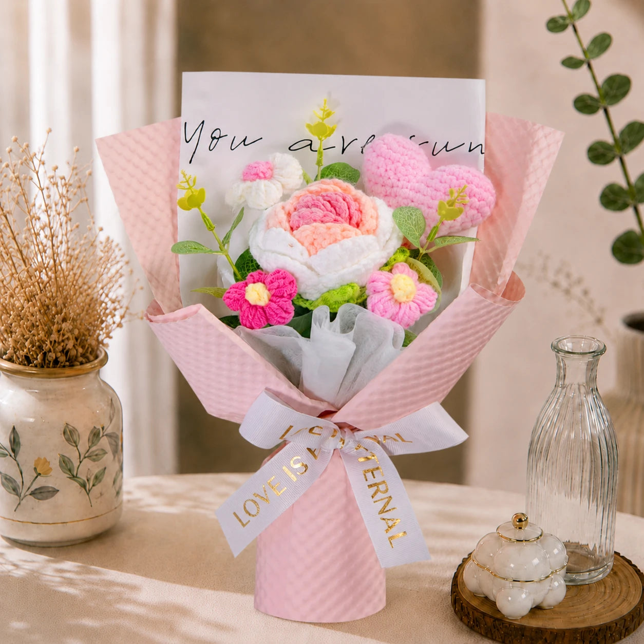 Handmade Crochet Pink Rose & Daisy Bouquet, Forever Knitted Flower Gift for Love, Home Decor