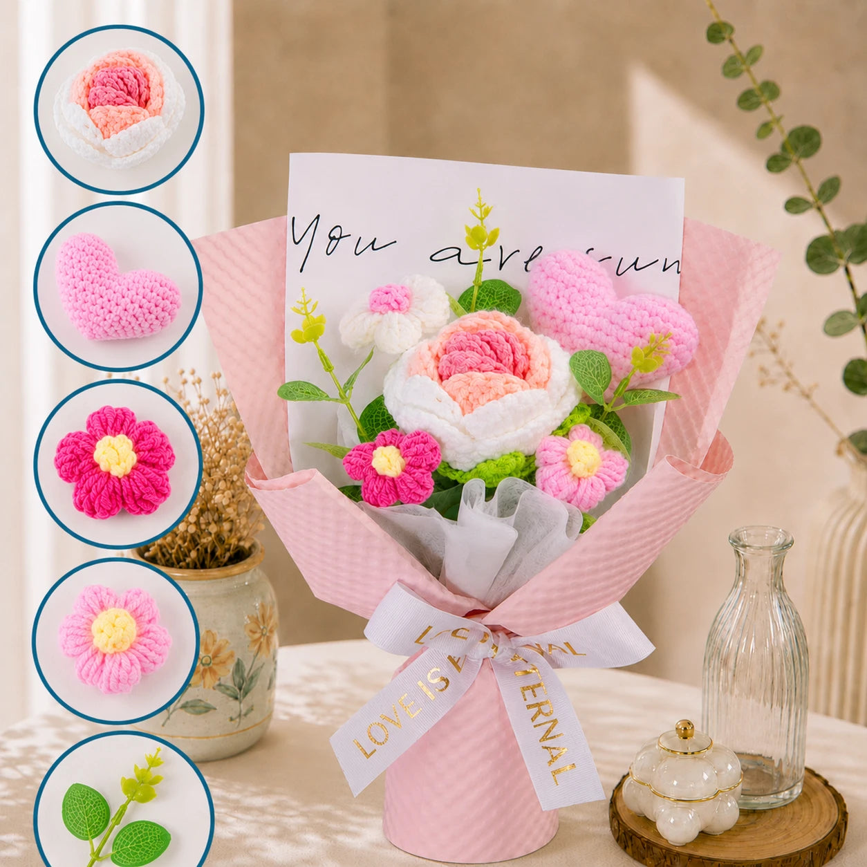 Handmade Crochet Pink Rose & Daisy Bouquet, Forever Knitted Flower Gift for Love, Home Decor