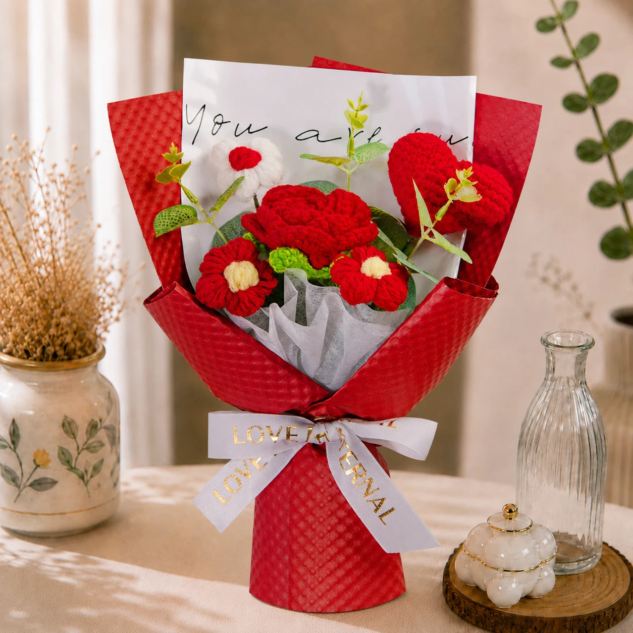 Handmade Crochet Red Rose & Heart Bouquet, Forever Knitted Flower Gift for Love, Home Decor