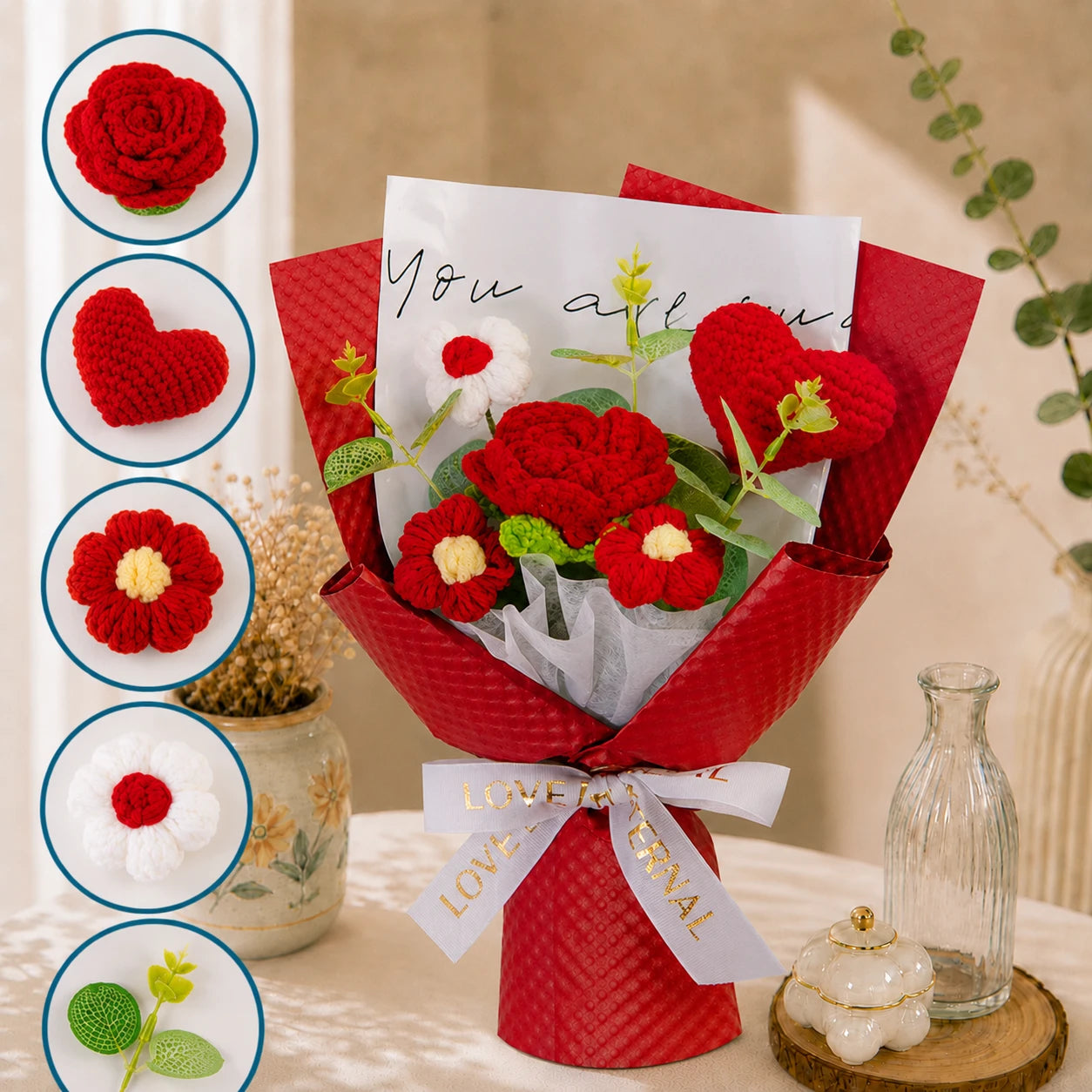 Handmade Crochet Red Rose & Heart Bouquet, Forever Knitted Flower Gift for Love, Home Decor