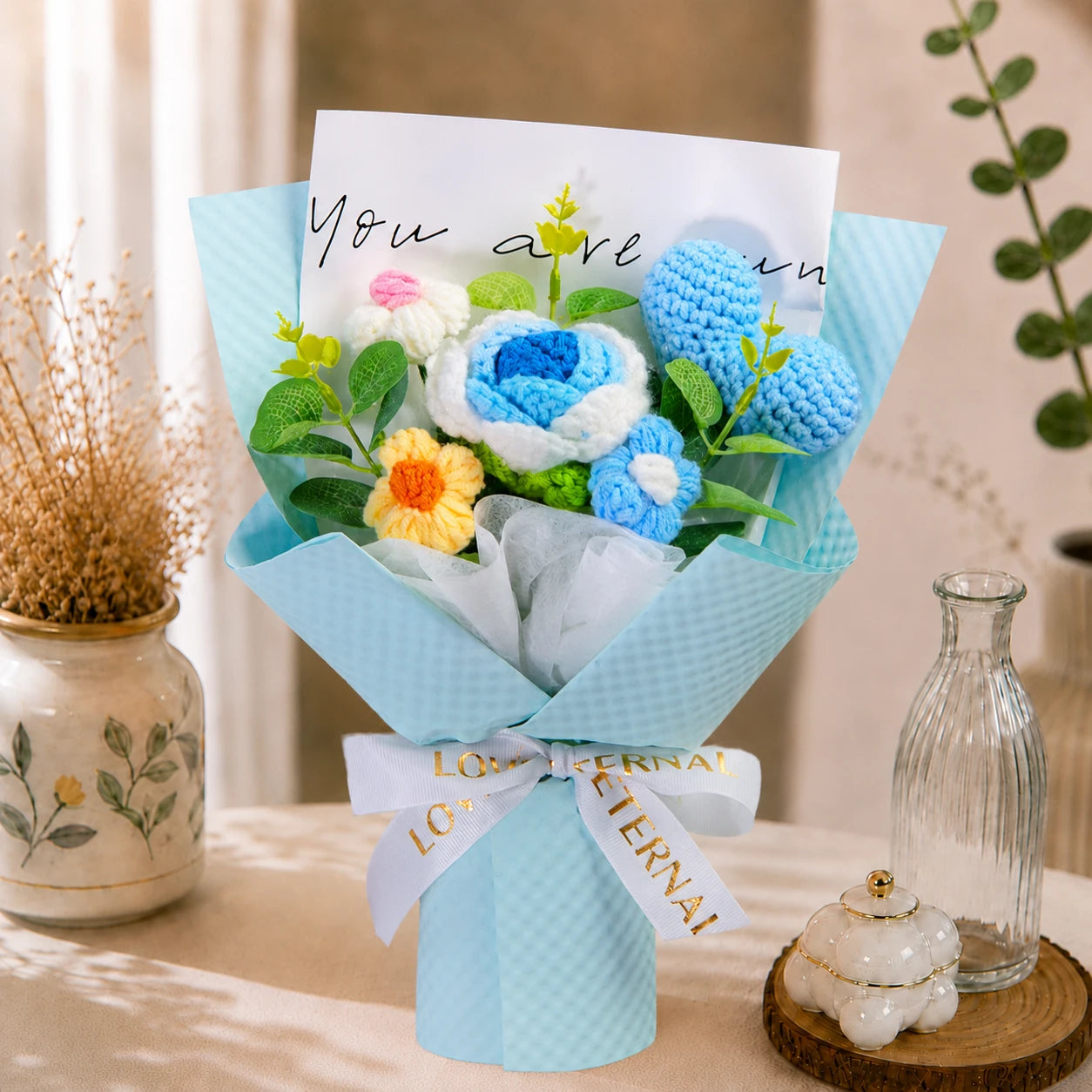 Handmade Crochet Blue Rose & Daisy Bouquet, Forever Knitted Flower Gift for All Occasions, Home Decor