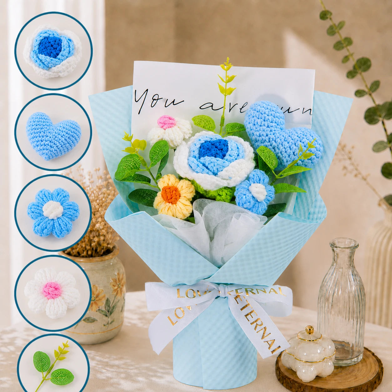 Handmade Crochet Blue Rose & Daisy Bouquet, Forever Knitted Flower Gift for All Occasions, Home Decor