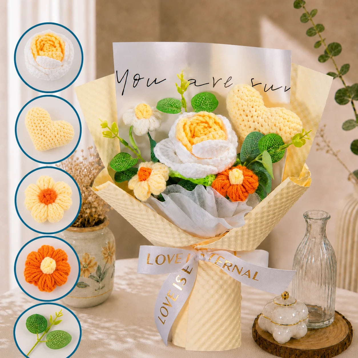 Handmade Crochet White-Yellow Rose & Daisy Bouquet, Forever Knitted Flower Gift for All Occasions, Home Decor